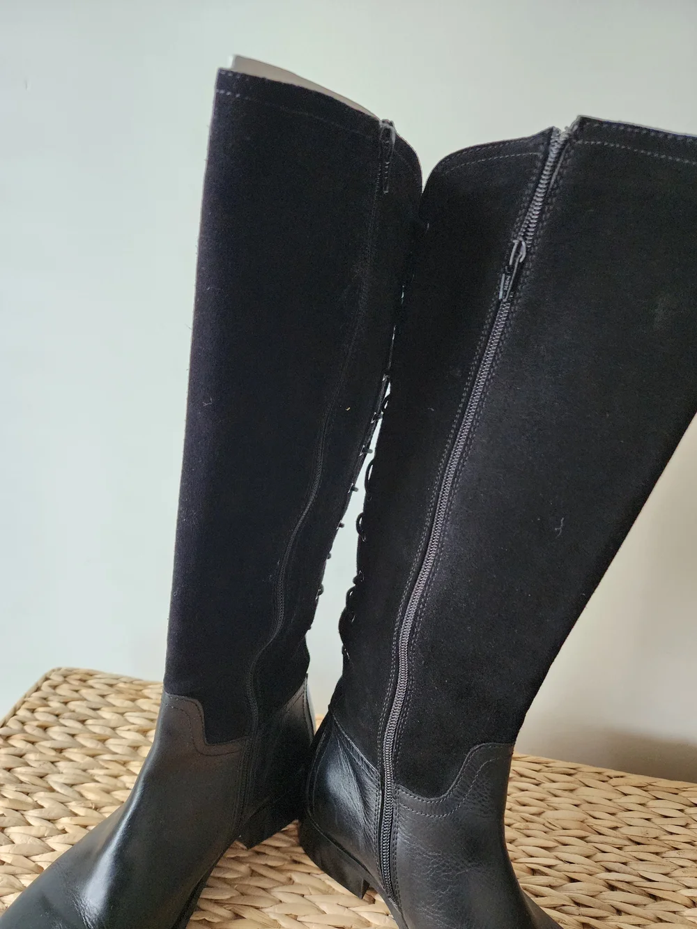 Women’s Black Lace-Up Knee-High Leather & Suede Boots (NWOT)